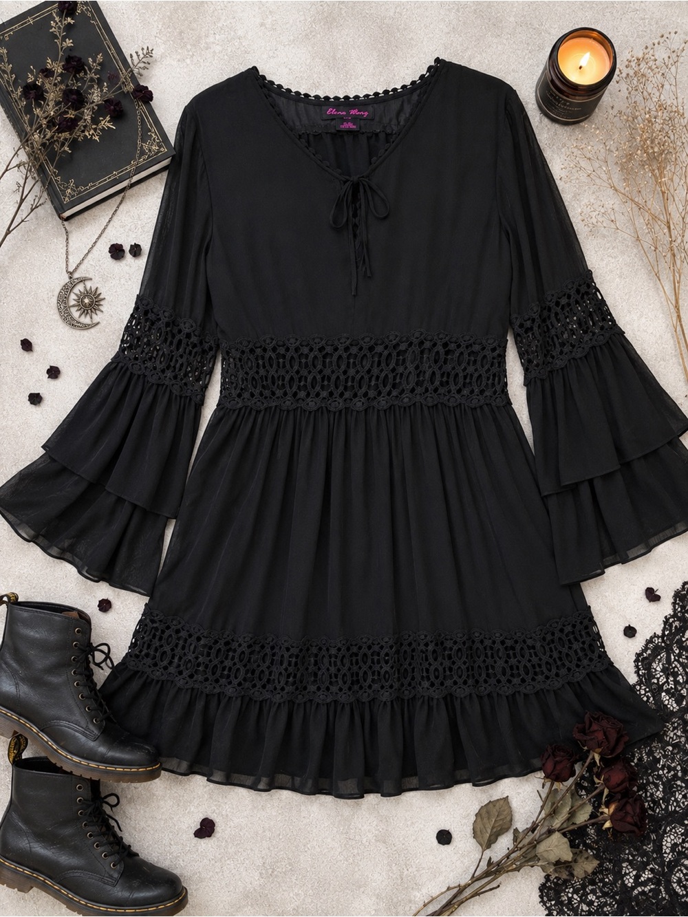 Elena Wang Black Boho Crochet Lace Bell Sleeve Dress